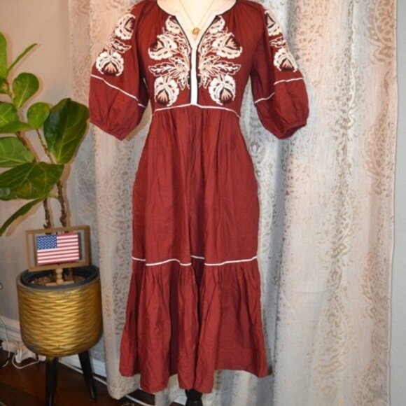 Anthropologie Gretel Embroidered Maxi Dress Maroon White Floral Boho XSP - Picture 1 of 8